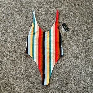 RELLECIGA Striped High Cut Low Back One Piece Thong Swimsuit Women's Size Medium